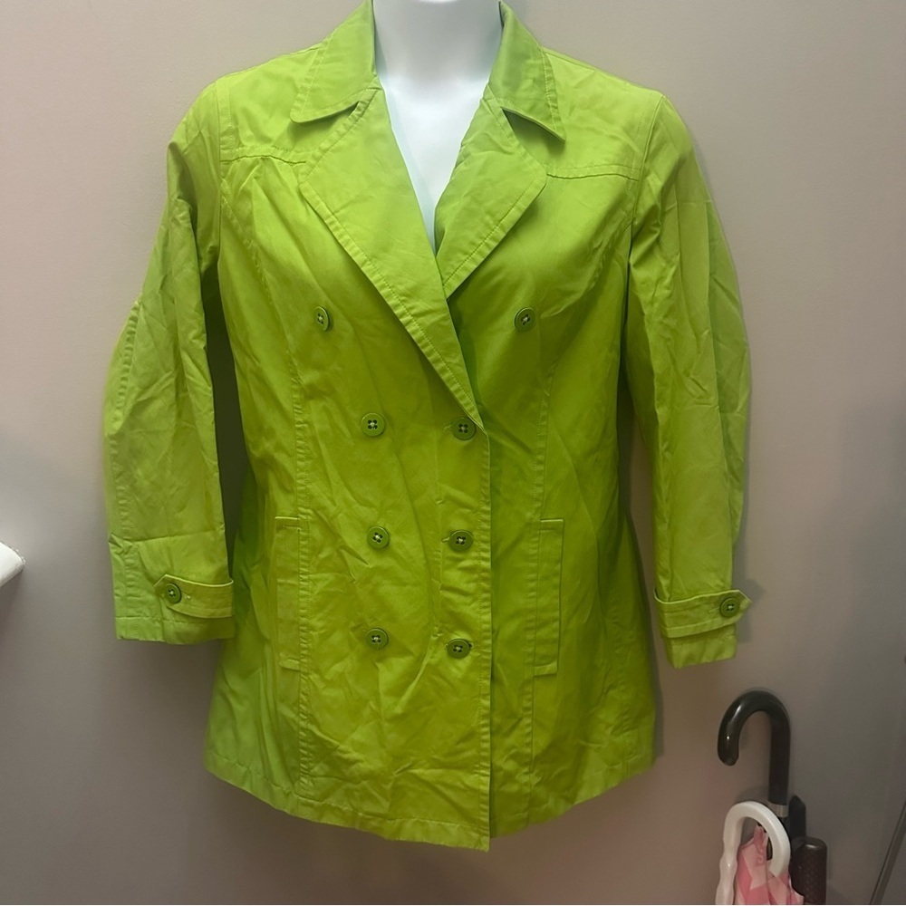 Women's Lime Green Double-Breasted Jacket Liz Claiborne Large Raincoat Chic